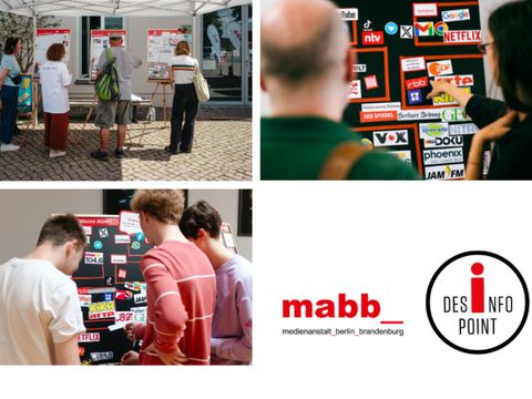 Logo mabb / Desinfopoint und drei Fotos der Tafeln auf einer Veranstaltung