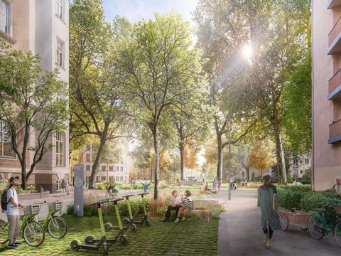 Blick von der Eisenacher Straße zum Kinderbrunnen (Bild: r + b landschaft s architektur und RenderAtelier)
