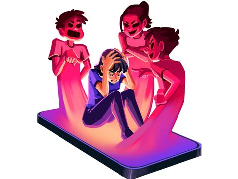 Symbolbild: drei Figuren steigen aus dem Smartphone auf und bedrängen eine weinende Frau