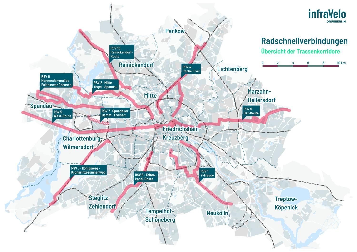 Plan zu Korridoren der Radschnellverbindungen; Stand: 2022 (Bild: infraVelo / GrünBerlin)