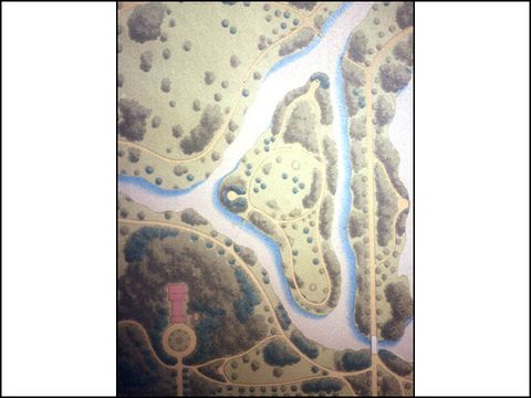 Ferdinand Fintelmann - Schlossgarten Charlottenburg, Zustand 1857, Ausschnitt Luiseninsel, Farblithographie