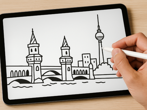 Hand zeichnet auf Grafik-Tablet die Skylien von Berlin