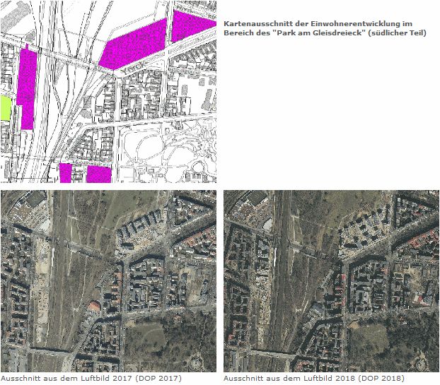Abb. 5: Zunahme der Einwohnerdichte (Ew/ha) um mehr als 230 Personen zwischen 2017 und 2018 durch Neubaumaßnahmen im Bereich "Park am Gleisdreieck" (südlicher Teil)