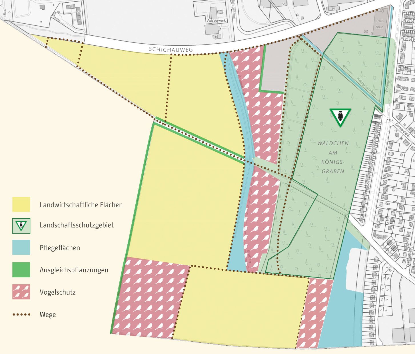 Kartenausschnitt der Marienfelder Feldmark mit den verschiedenen Darstellungen (landwirtschaftliche Flächen, Landschaftsschutzgebiet, Pflegeflächen, Ausgleichspflanzungen, Vogelschutz und Wege)