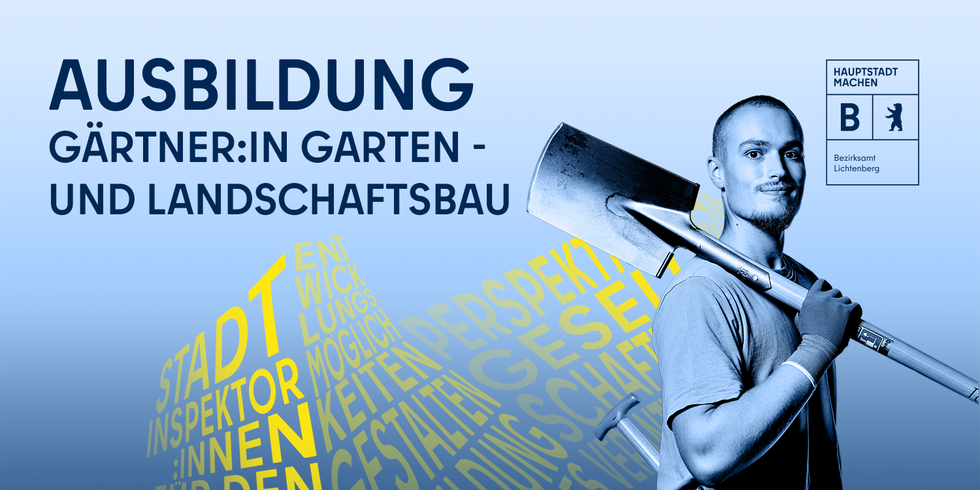 Junger Mann mit Spaten, Illustration, Schriftzug Ausbildung Gärtner:in Garten- und Landschaftsbau