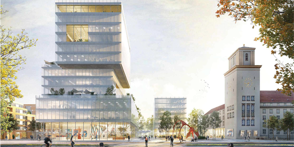 Ein neumodisches Gebäude mit Glasfassade steht neben dem Rathaus Tempelhof. Um die Gebäude herum sind Bäume, Grünflächen und Bänke.