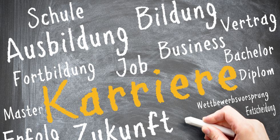 Auf einer Tafel wurden verschiedene Begriffe zum Thema Karrie wie z.B. Zukunft, Erfolg, Ausbildung, Diplom, Vertrag, Job in weißer Schrift und in der Mitte das Wort Karriere in oranger Schrift hervorgehoben