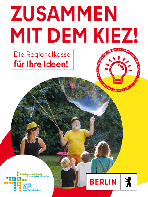 Eine bunte Grafik mit dem Titel "Zusammen mit dem Kiez!". Darunter steht "Die Regionalkasse für Ihre Ideen!".