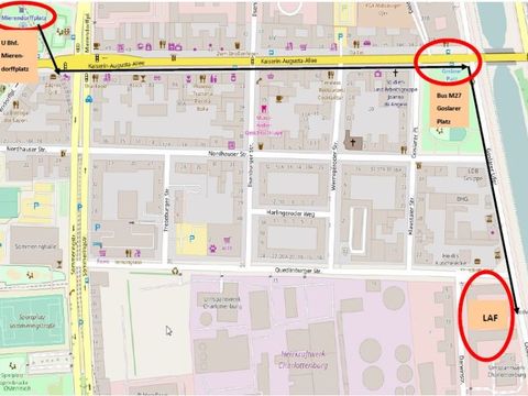 U-Bahn Linie 7 bis Mierendorffplatz, dann Bus M27 in Fahrtrichtung “S- und U-Bahnhof Pankow” zwei Stationen bis Haltestelle “Goslarer Platz”, dann ca. 10-minütigen Fußweg (siehe Bild) (Bild: Openstreetmap/LAF)