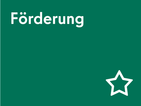 Kachel Förderung mit weißem Text auf Dunkelgrün, unten rechts das Symbol eines Sterns
