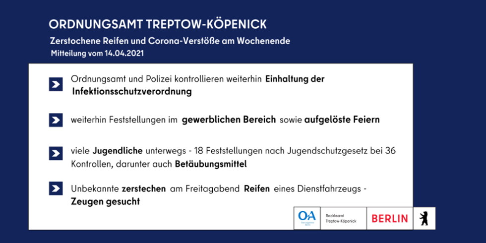 Zerstochene Reifen und Corona-Verstöße - Ordnungsamt Treptow-Köpenick mit der Bilanz zum Wochenende