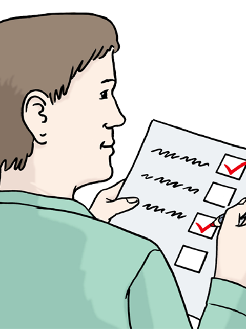 Illustration eines Mannes, der eine Checkliste durchgeht