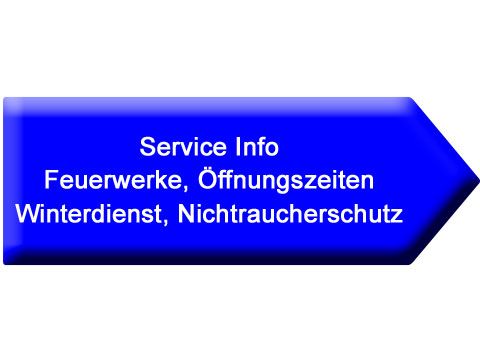 Das Bild zeigt einen breiten Pfeil mit Text dort steht Service Info Feuerwerke Öffnungszeiten Winterdienst