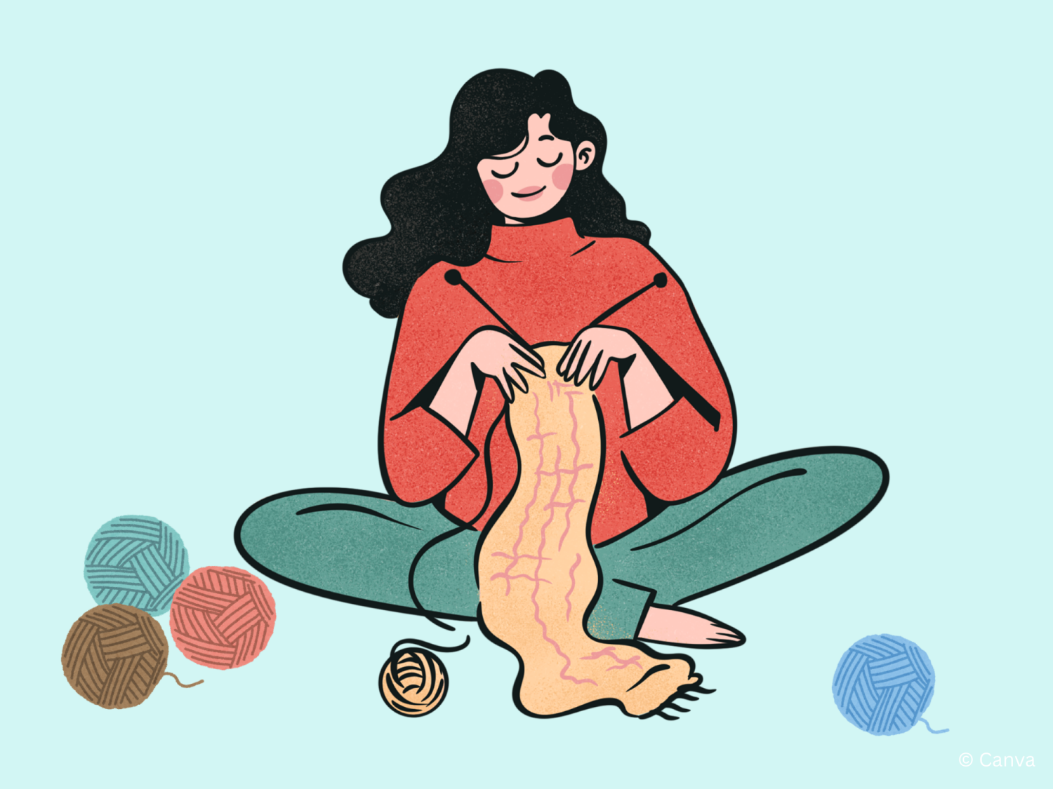 Illustration einer Figur, die strickend auf dem Boden sitzt