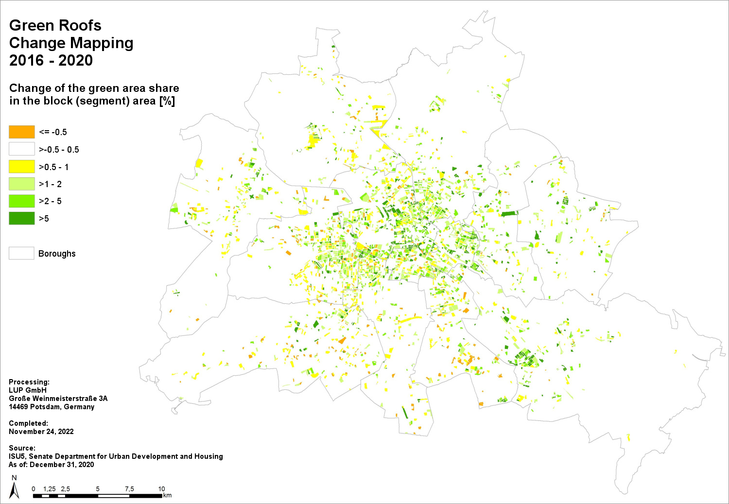 Fig. 7: Change mapping of the green roof area share in the block (segment) area [%] between 2016 and 2020 (Image: Umweltatlas Berlin)
