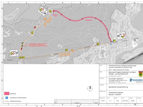 Verkehrsführungsplan für die Fahrbahnerneuerung der Pfaueninselchaussee zwischen Königstraße und Nikolskoer Weg in Berlin-Wannsee. (Bild: converplan ingenieure für Straßenverkehr GmbH & Co. KG / Bezirksamt Steglitz-Zehlendorf)