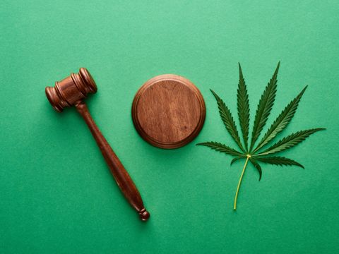 Das Bild mit dem Hammer und dem Cannabisblatt zeigt einen hölzernen Hammer neben einem runden Block und einem leuchtend grünen Cannabisblatt. Vor einem auffälligen grünen Hintergrund symbolisiert diese Bild die Schnittstelle zwischen Recht und Cannabisgesetzgebung.