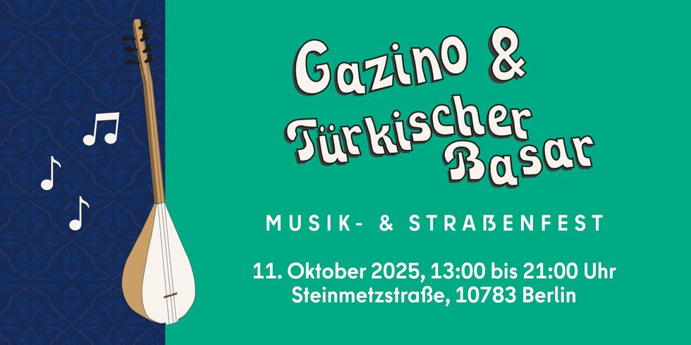 Titelbild vom Musikfest "Gazino und Türkischer Basar" mit einer Saz (Saiteninstrument) und Musiknoten