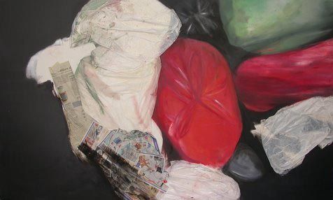 Annedore Dietze: Container, 2009, versch. Materialien auf Leinwand, 120 x 200 cm