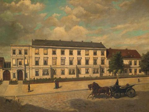 Die Privatklinik Maison de Santé prägte im 19. Jahrhundert die Hauptstraße in Schöneberg. Gemälde um 1876 (Bild: Museen Tempelhof-Schöneberg, Foto: Malte Nies/cequi)