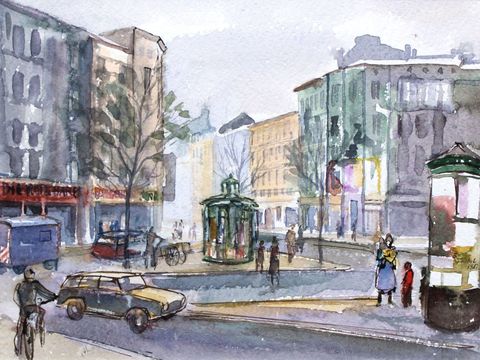 Heinrichplatz / Kreuzberg, 1982, Aquarell, 30 cm x 39 cm (Bild: Bernhard Friebel)