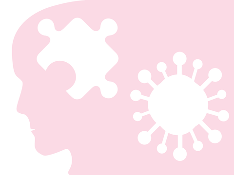 Profil eines menschlichen Kopfes mit einem Puzzleteil und einem Corona-Virus