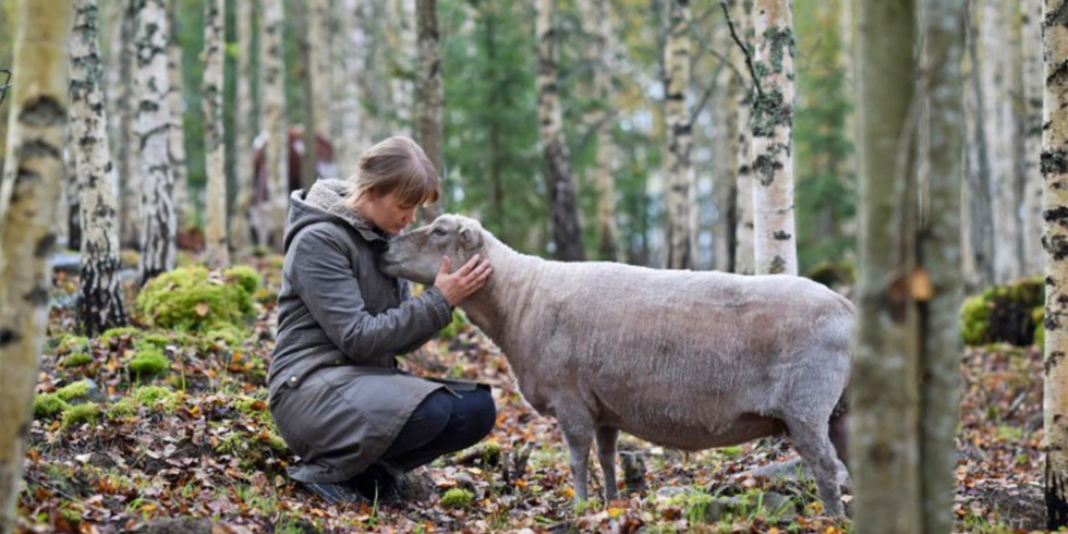 Frau mit Schaf im Wald