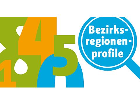 Buchstaben und Zahlen mit einer Lupe mit der Aufschrift: Bezirksregionenprofile