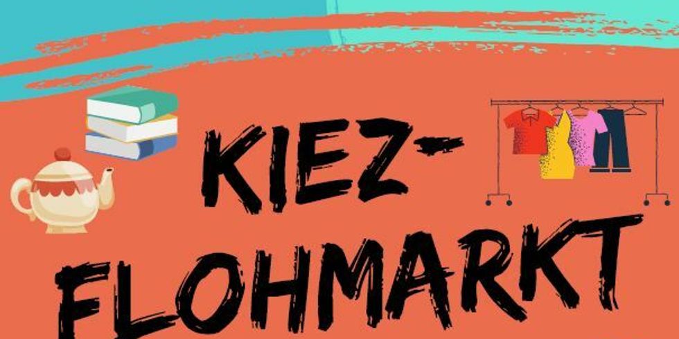 Logo Kiezflohmarkt DRK-Familien-Zentrum - eine grün-orange-gemusterte Tafel mit Flohmarkt-Gegenständen, wie Spielzeug, Kleidung und Büchern und dem Datum udn Ort der Veranstaaltung