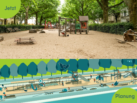 LQ Schillerpromenade Spielplatzplanung aktueller Spielplatz mit Spielgeräten und Planungsvorschlag