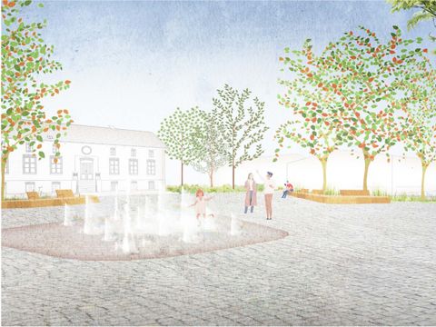 Perspektive des zukünftigen Stadtplatzes mit Fontänenfeld