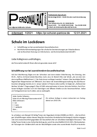01/2021: Schule im Lockdown – Gesundheitsschutz und digitale Gremiensitzungen