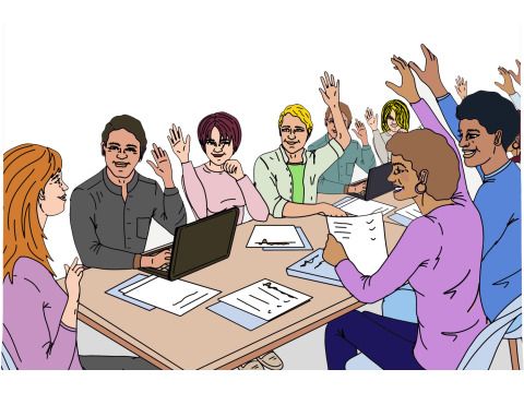 Zeichnung: viele Menschen sitzen an einem Tisch und stimmen ab