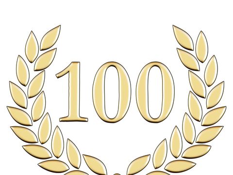 Zahl Hundert umrahmt von einem goldenen Lorbeerkranz
