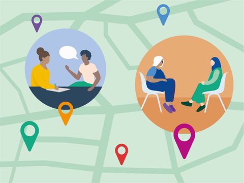 Illustrierte Personen in Beratungssituationen, die mit einer Karte grafisch miteinander verbunden sind.