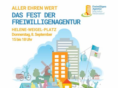 Flyer des Festes "Aller_Ehren_wert", er zeiegt eine bunte grafische Collage von Beurikswappen. Hochhäusern, Silhouetten der Windmühle, Menschen mit Kinderwagen, Fahrrad, musizierend und gemeinsam an einem Tisch sitzend