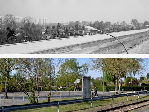 Grenz-Streifen, Abschnitt 2, Grenzstreifen zwischen Märkisches Viertel und Pankow-Rosenthal, Höhe Wilhelmsruher Damm, Ende 1980er Jahre und 2015 (Bild: BStU, Sebastian Teutsch)