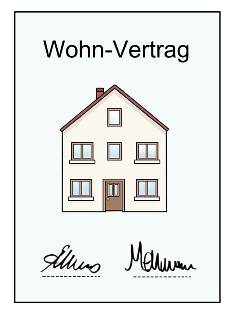 Leichte Sprache Bild: Wohn-Vertrag - Vertrag mit 2 Unterschriften und Haus