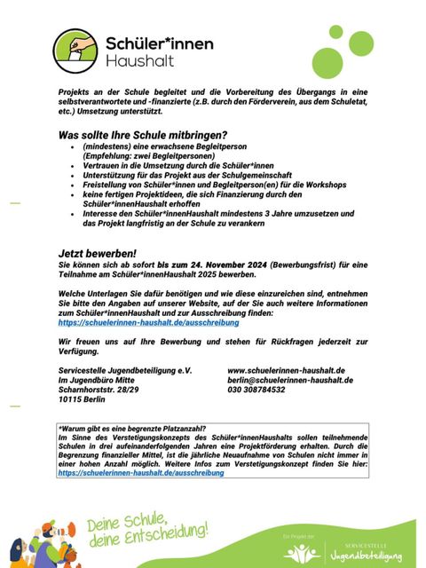 Flyer: Schüler*innenHaushalt 2025 (Bild: Servicestelle Jugendbeteiligung e.V.)