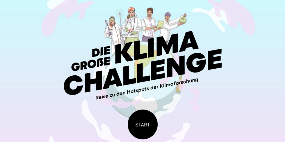 Schriftzug „Die große Klima-Challenge – Reise zu den Hotspots der Klimaforschung“ mit Forschenden und einem Globus