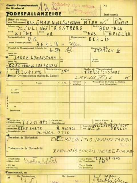 Todesfallanzeige Minna Bergmann (Bild: Archiv Theresienstadt)