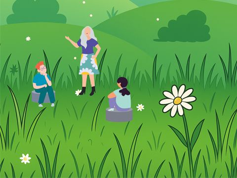 Grafik mit einer grünen Wiese und einer Frau, die zwei Kindern etwas erzählt