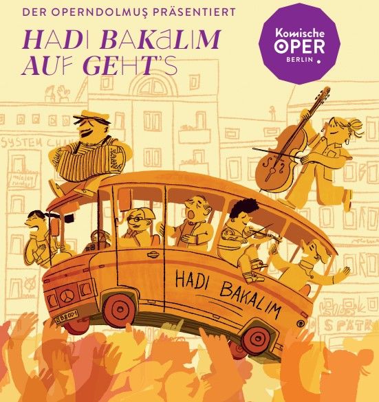 Illustration mit Musiker*innen, die spielend durch die Stadt fahren
