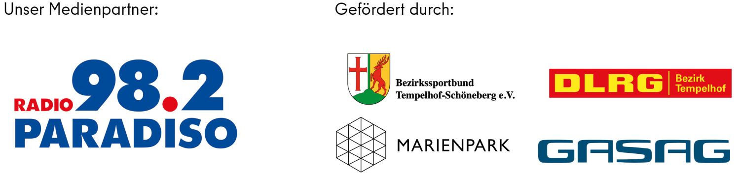 Logo des Medienpartners Radio 98.2 Paradiso und Logo der Förderungspartner Bezirkssportbund Tempelhof-Schöneberg e.V., DLRG Bezirk Tempelhof, Marienpark, Gasag