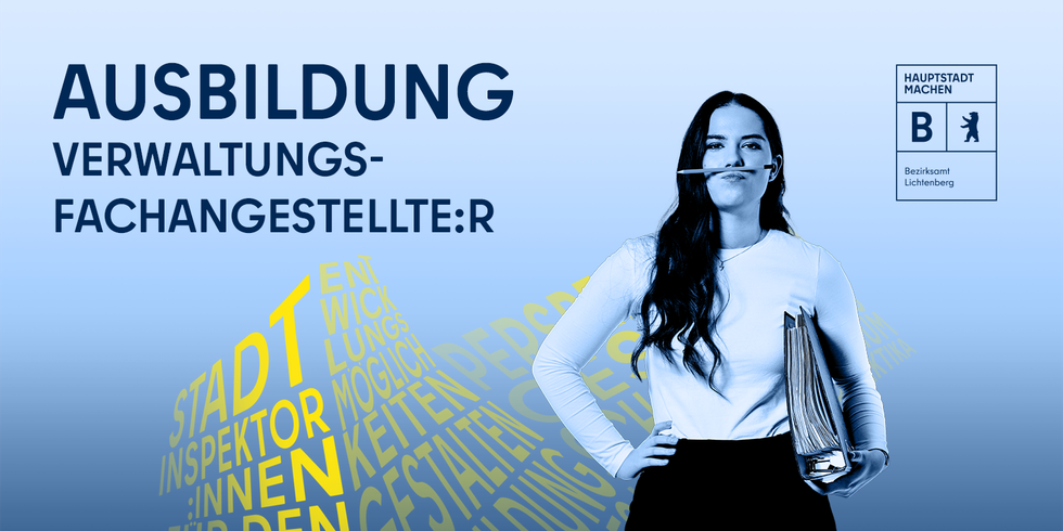 Junge Frau mit Bleistift und Ordner, Illustration, Schriftzug Ausbildung Verwaltungsfachangestellte:r