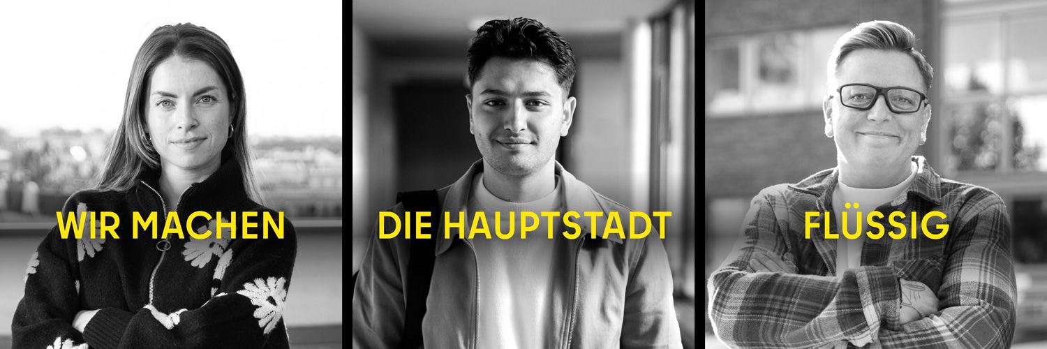 Das Headerbild der Kampagne "Wir machen die Hauptstadt flüssig" zeigt drei Mitarbeitende der Berliner Finanzämter