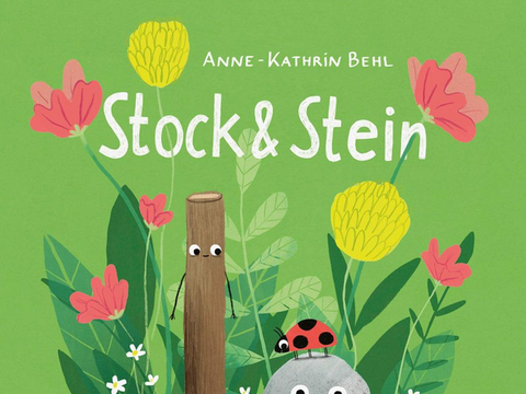Buchcover mit einer Stock.-Figur und einer Stein-Figur vor einem Rasenstück