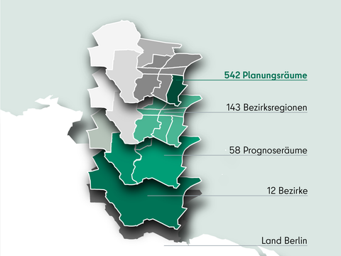 Abb. 1: Die dreistufige Systematik der Lebensweltlich orientierten Räume (LOR) in Berlin