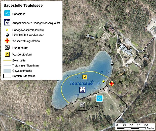 Abb. 1: Übersicht des Badegewässers Teufelssee mit Badestelle, Probenahmestelle und Einleitstellen.