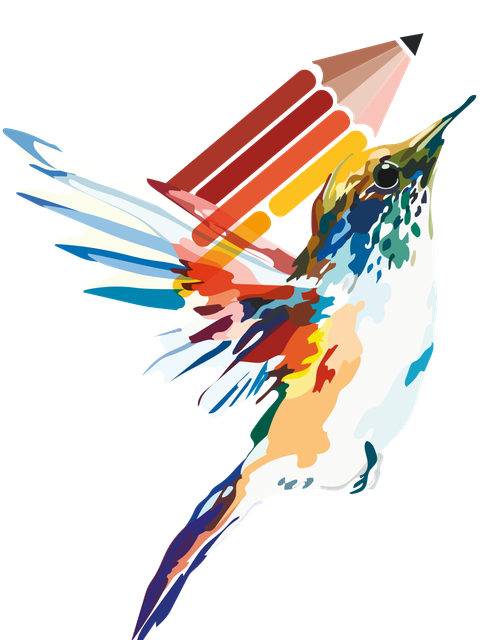 Die Zeichnung eines bunt gesprenkelten Vogels mit einem Stift im Hintergrund - das Key Visual des Schreibwettbewerbs